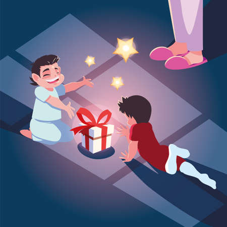 woman with children in christmas evening scene vector illustration designのイラスト素材