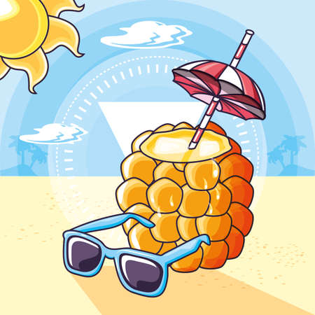 summer poster with cocktail of pineapple and sunglass vector illustration designのイラスト素材