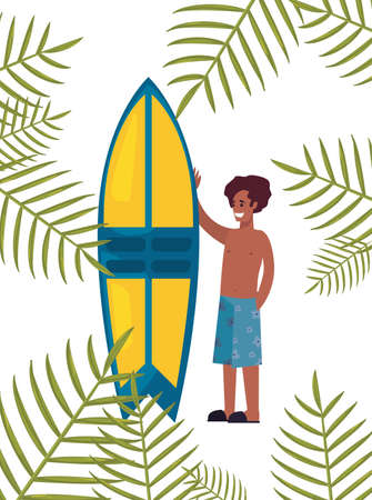 tourist man in swimsuit with surfboard tropic leaves summer vector illustrationのイラスト素材