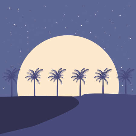 summer time holiday landscape beach palm trees moon night vector illustrationのイラスト素材