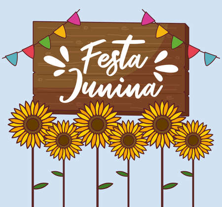 festa junina card with sunflowers and wooden label vector illustration designのイラスト素材