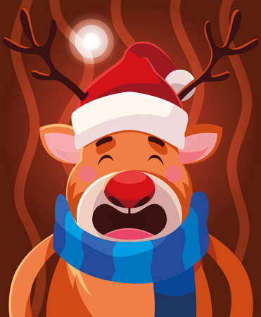 christmas card of reindeer with hat and scarf vector illustration designのイラスト素材