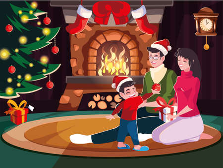 family in living room with christmas decoration, christmas evening scene vector illustration designのイラスト素材