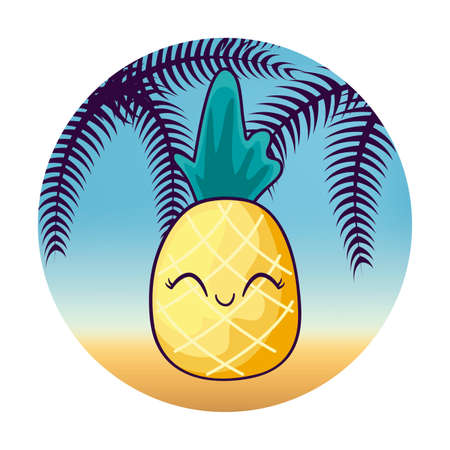 pineapple kawaii with tropical palm in frame vector illustration designのイラスト素材