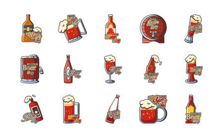 International beer day detailed style icon set design, Festival pub alcohol bar and drink theme Vector illustrationのイラスト素材
