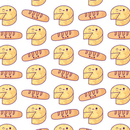 pattern of french breads with cheeses kawaii style vector illustration designのイラスト素材
