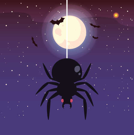 creepy spider animal with moon in scene of halloween vector illustration designのイラスト素材
