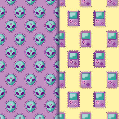 pattern patches of head alien and video game handle vector illustration designのイラスト素材