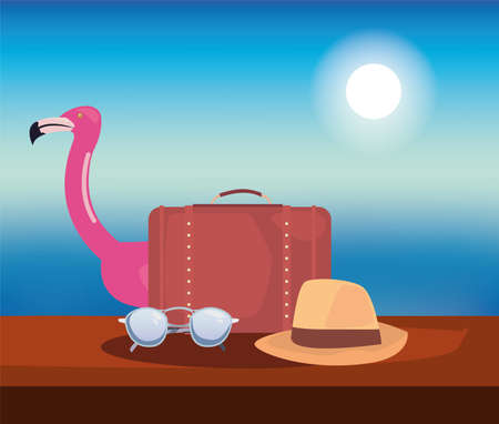 flamingo float suitcase hat sunglasses summer time vacation vector illustrationのイラスト素材