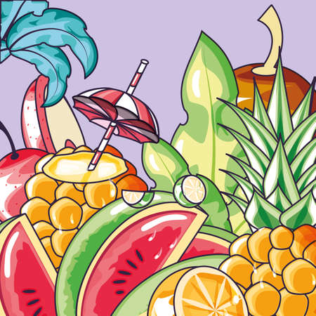 poster of fruits tropical and cocktail vector illustration designのイラスト素材