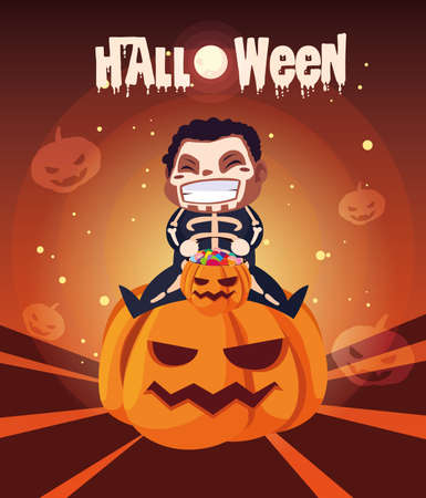 poster of halloween with boy disguised of skeleton vector illustration designのイラスト素材