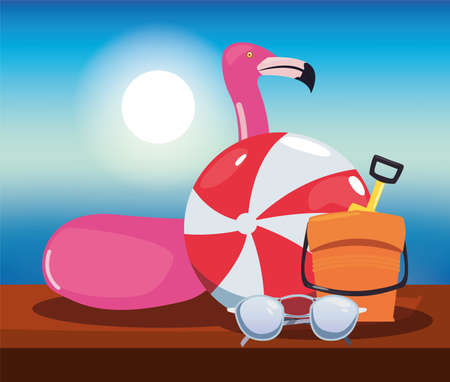flamingo float sunglasses ball bucket summer time vacation vector illustrationのイラスト素材