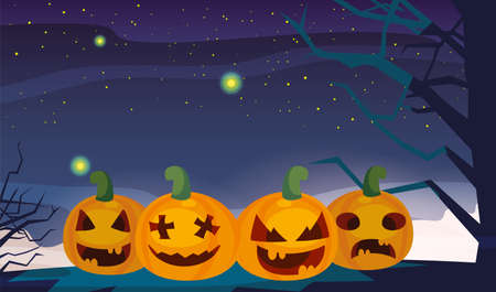 pumpkins with fear face in scene of halloween vector illustration designのイラスト素材