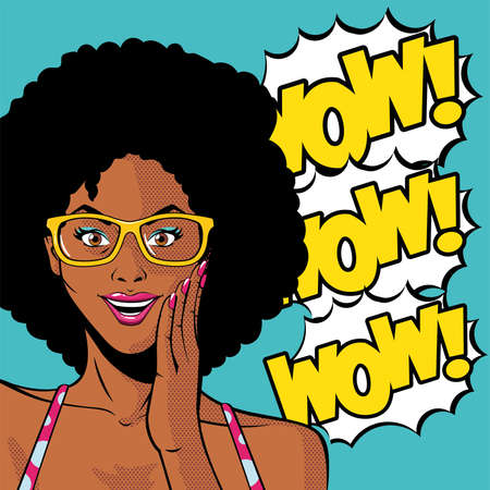 retro black afro woman cartoon with glasses and wow explosion design, Pop art vintage and fashion theme Vector illustrationのイラスト素材