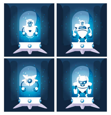 Set of robots design, Robotic tecnology futuristic toy machine cyborg science and android theme Vector illustrationのイラスト素材