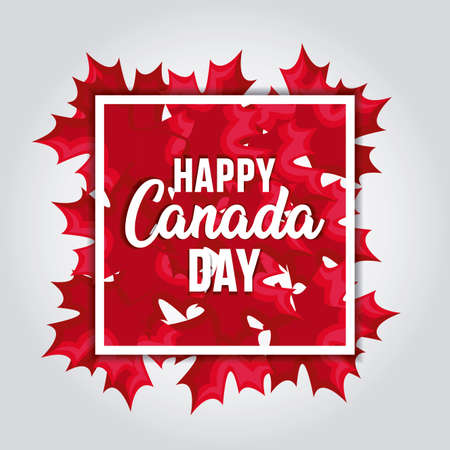 poster of happy canada day with maple leafs in frame vector illustration designのイラスト素材