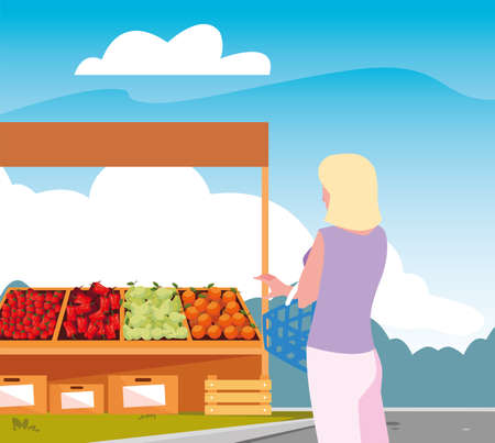 customer woman farm products stand vector illustrationのイラスト素材