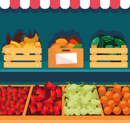 showcase wooden store with vegetables and fruits vector illustration designのイラスト素材