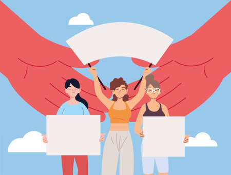 hands supporting women with signs and megaphone at a social protest vector illustration designのイラスト素材