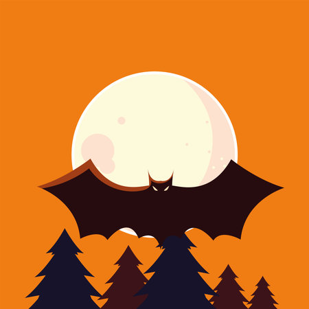 Halloween bat cartoon in front of moon design, Holiday and scary theme Vector illustration