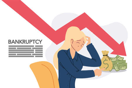 businesswoman with headache on chair decrease arrow and money design of bankruptcy and covid 19 virus theme Vector illustrationのイラスト素材