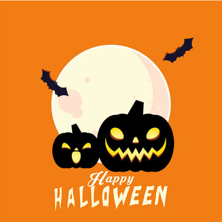 Halloween black pumpkins cartoons in front of moon with bats design, Holiday and scary theme Vector illustrationのイラスト素材