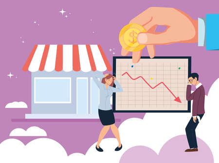 businesspeople with headache coin decrease arrow on board and store design of bankruptcy and covid 19 virus theme Vector illustrationのイラスト素材