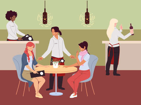 women sit at the table and order food vector illustration designのイラスト素材
