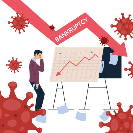 businessman with headache and decrease arrow on board design of bankruptcy and covid 19 virus theme Vector illustrationのイラスト素材