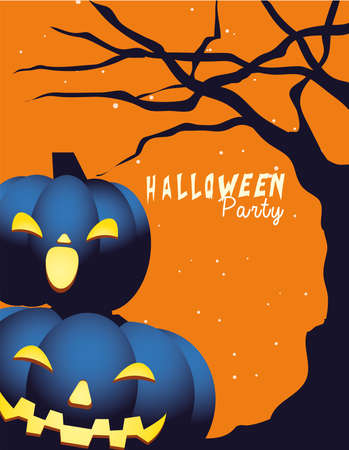 Halloween pumpkins cartoons at tree design, Holiday and scary theme Vector illustrationのイラスト素材