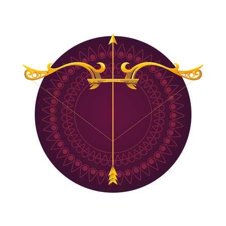 gold arrow and bow in purple mandala ornament design of Weapon archery cupid and happy dussehra theme Vector illustrationのイラスト素材