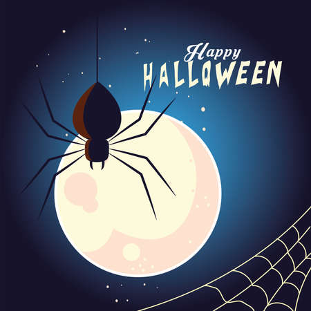 Halloween black spider in front of moon design, Holiday and scary theme Vector illustrationのイラスト素材