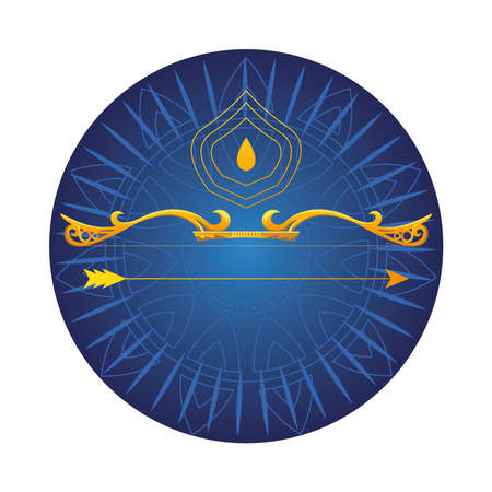 gold arrow and bow in blue mandala ornament design of Weapon archery cupid and happy dussehra theme Vector illustrationのイラスト素材