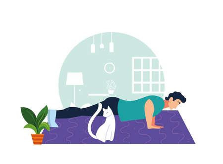 man doing muscle exercises in living room vector illustration designのイラスト素材