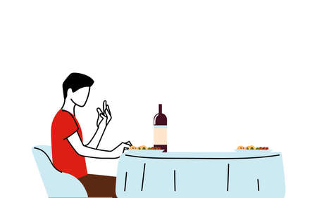 Man sitting at table with wine and plates design, Restaurant entertainment and food theme Vector illustrationのイラスト素材