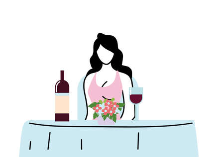 Woman sitting at table with wine and flowers design, Restaurant entertainment and food theme Vector illustrationのイラスト素材