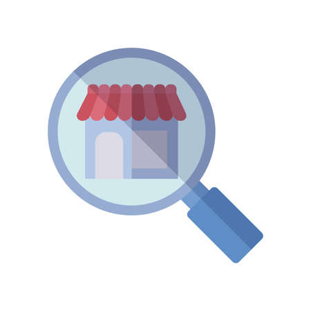 magnifying glass and store icon over white background, flat style, vector illustrationのイラスト素材