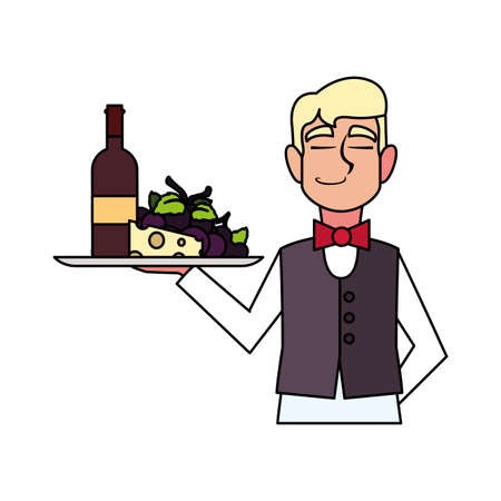 man waiter holding tray with bottle wine on white background vector illustration designのイラスト素材