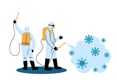 Men wearing protective suit and disinfectant isolated to avoid covid 19 vector illustration designのイラスト素材