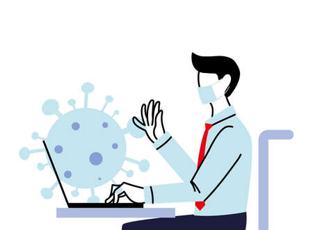 man with mask and laptop on desk design of medical care and covid 19 virus theme Vector illustrationのイラスト素材