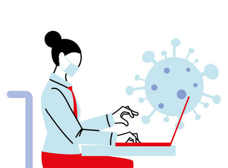 woman with mask and laptop on desk design of medical care and covid 19 virus theme Vector illustrationのイラスト素材