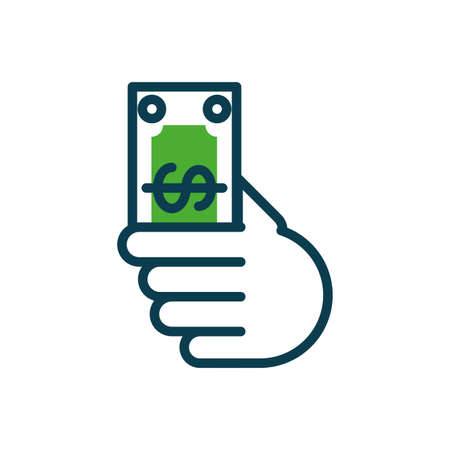 hand holding a money bill icon over white background, half color style, vector illustrationのイラスト素材
