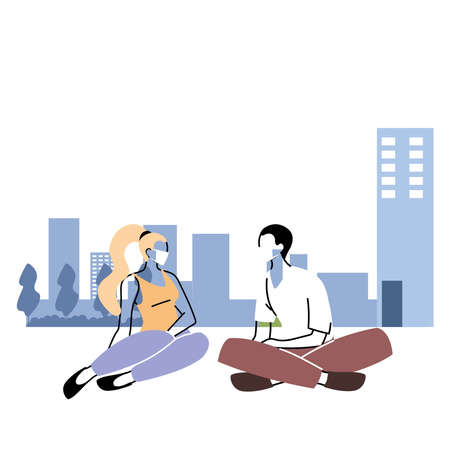 couple with mask in public park vector illustration desingのイラスト素材