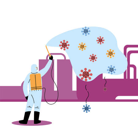Man wearing protective suit and disinfectant isolated to avoid covid 19, disinfecting structures vector illustration designのイラスト素材