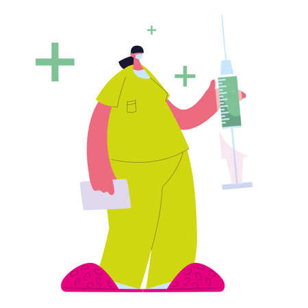 Female doctor in medical uniform with mask and medicine kit vector illustration designのイラスト素材