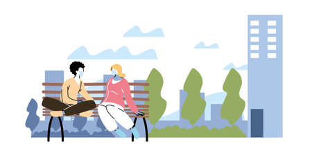 people with medical protective masks, outdoor activities during pandemic vector illustration designのイラスト素材