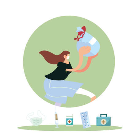 woman with mask and medical products vector illustration desingのイラスト素材