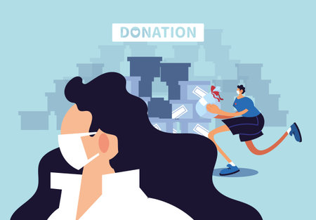 couple with mask volunteer covid 19 vector illustration desingのイラスト素材