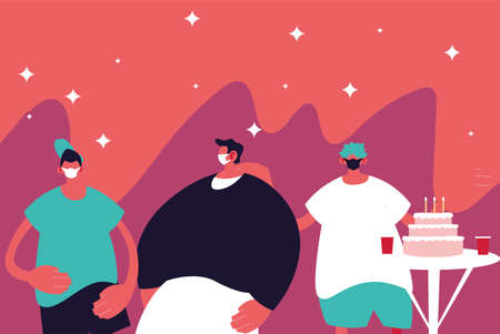 Urban men cartoons with masks casual cloth and happy birthday cake on table design of Medical care and covid 19 virus theme Vector illustrationのイラスト素材