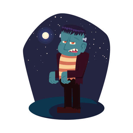 Halloween frankenstein cartoon at night design, Holiday and scary theme Vector illustrationのイラスト素材